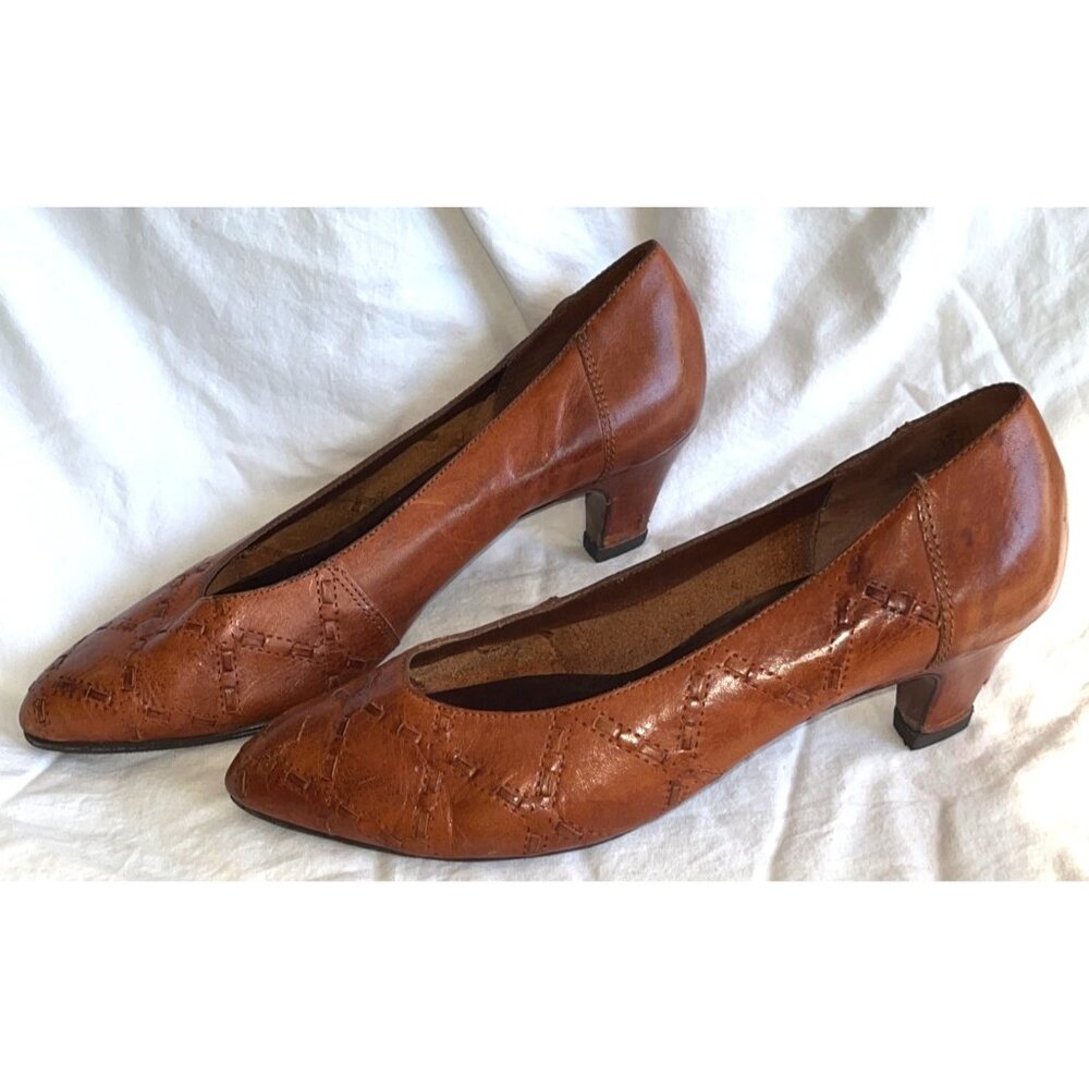 Vtg Leather Kitten Heel Brown Pumps Shoes Rustic Boho Stitch Accent Casual Wom 8 - Picture 13 of 13
